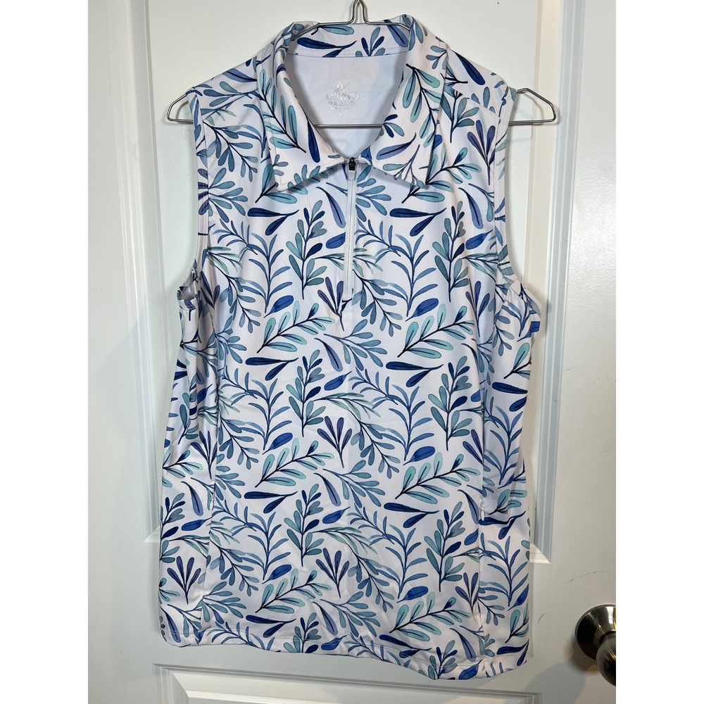 ANIVIVO Womens Sleeveless Quarter Zip Polo Leaf Print Blue White Large